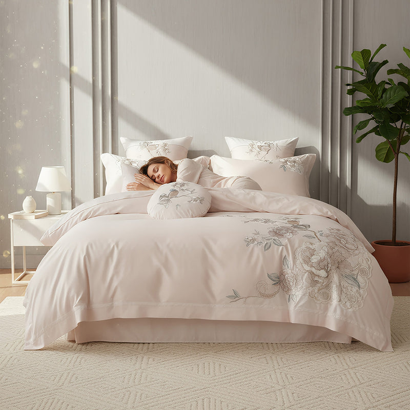 Anycozy Duvet Cover Set Light Pink Flat Bed Sheet Ultra Soft Egyptian Cotton Embroidery Luxury Bedding