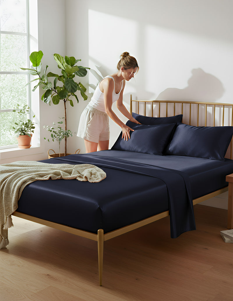 Anycozy Fitted Sheet Queen Size Blue Luxury Silky Beddings Set with Pillow Cases