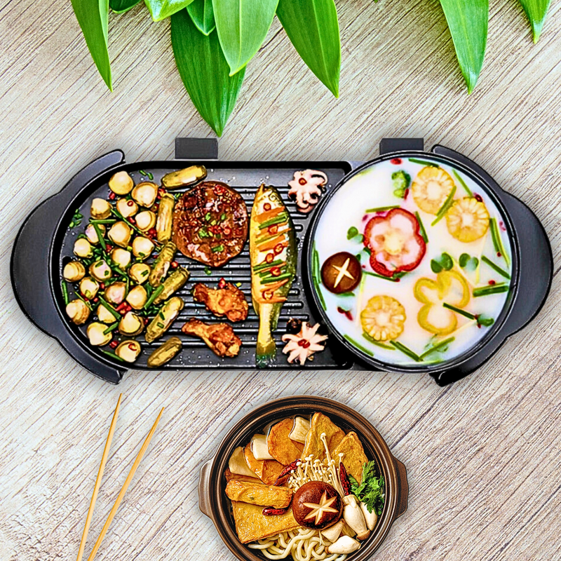 2 in 1 Electric Non-Stick BBQ Teppanyaki Grill Plate Steamboat Hotpot 2-8 Person