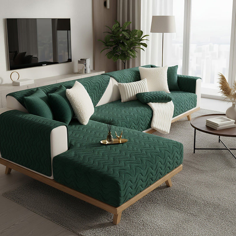 Anyseat Sofa Towel Super Soft Wave Dark Green Rabbit Plush Quilted Couch Cover L-shaped Sectional Anti-slip Sofa Cover