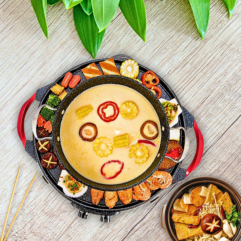 2 in 1 Electric Stone Coated Teppanyaki Grill Plate Steamboat Hotpot