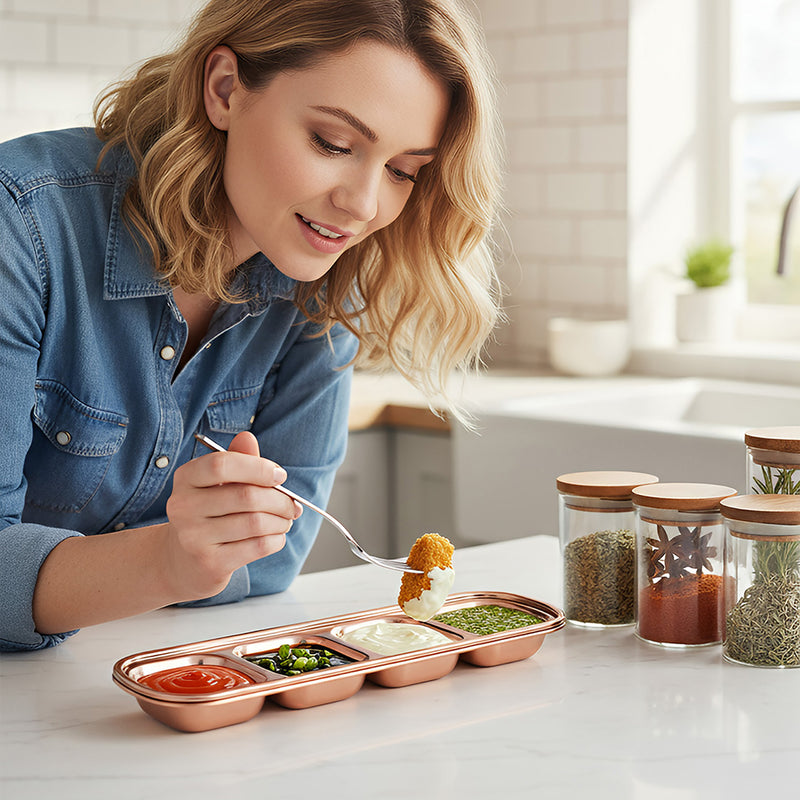 Anygleam Rose Gold Stainless Steel 4-Grid Sauce Dish – Seasoning & Dipping Plates for Kitchenware