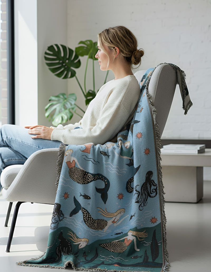 Anycozy Throw Blanket Blue Faux Cashmere Sofa Cover Mermaid Pattern Tassel Soft Picnic Camping Mat 160*260cm