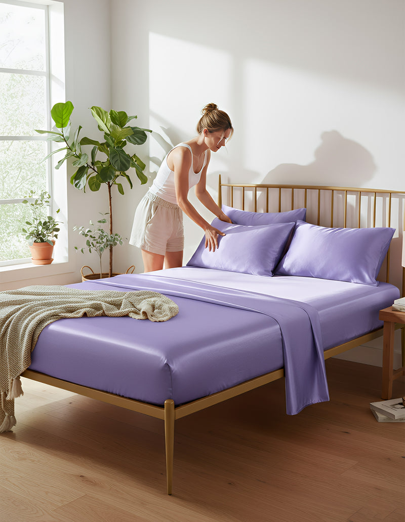 Anycozy Fitted Sheet Queen Size Light Purple Luxury Silky Beddings Set with Pillow Cases