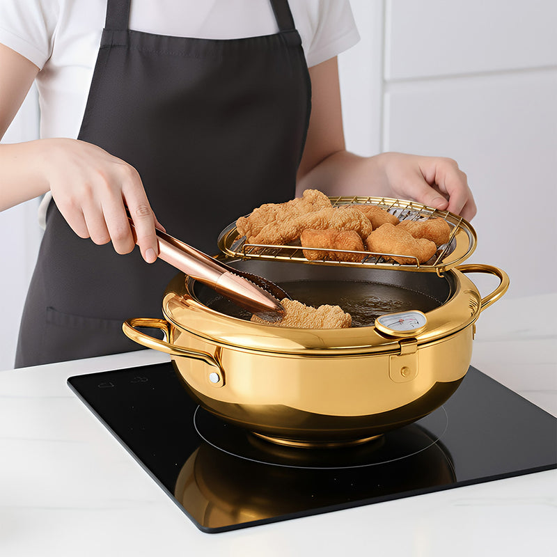 Frying Pan Gold Stainless Steel Thermometer Kitchen Utensils Tempura Fryer Pan Temperature Control Fried Cooking Tools