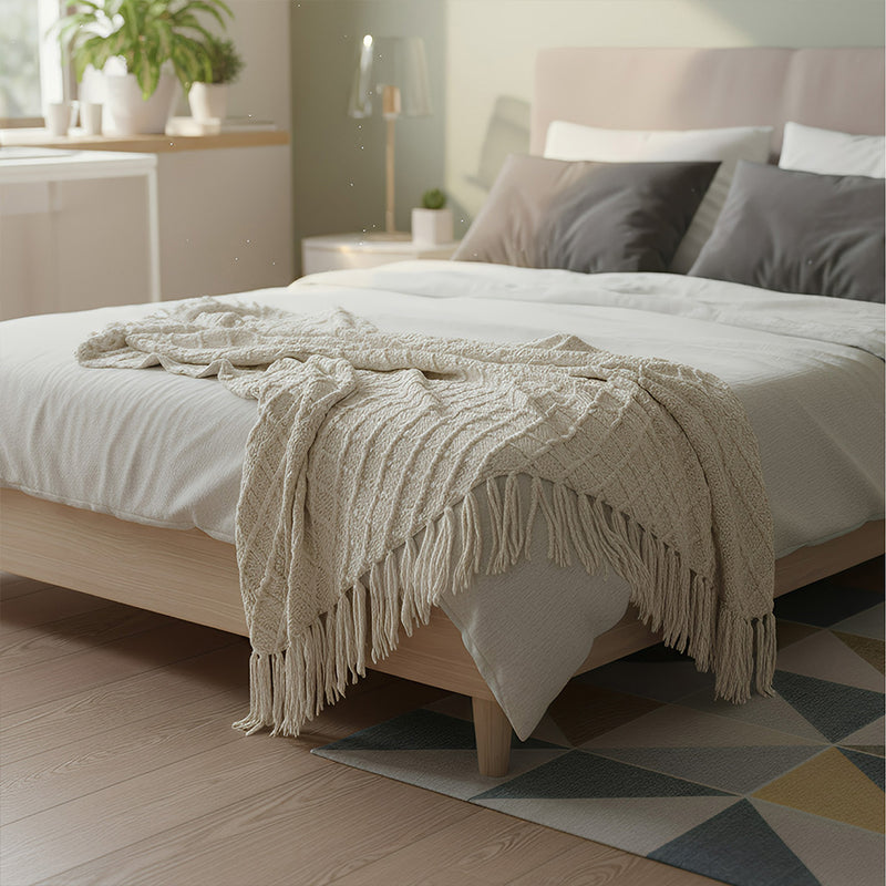 Anycozy Beige Faux Cashmere Throw Blanket Nordic Knit Plaid – Soft Warm Decorative Couch & Bed Cover