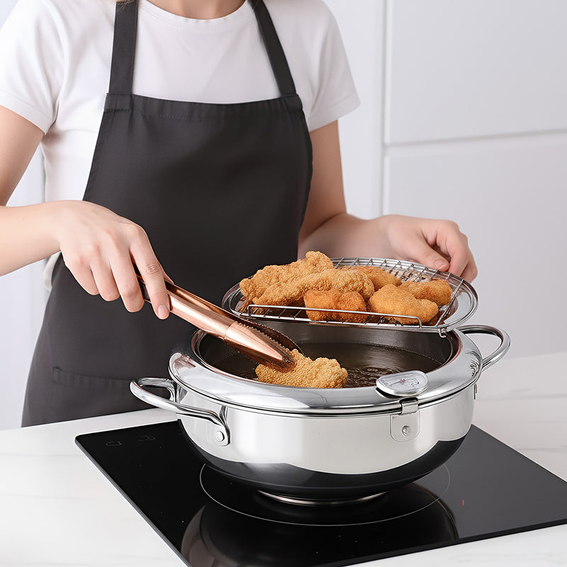 Anygleam Frying Pan Silver Stainless Steel Thermometer Kitchen Utensils Tempura Fryer Pan Temperature Control Fried Cooking Tools