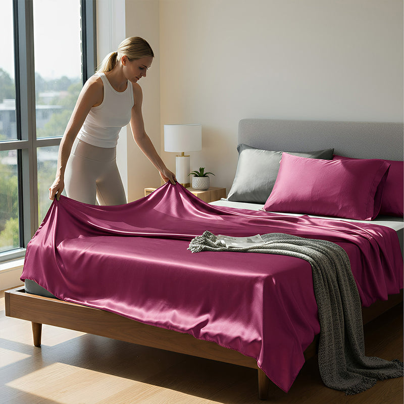 Anycozy Beddings Magenta AU EU King Size 3 Pc High End Satin Smooth Duvet Cover Set Luxury Polyester Silky Soft Cozy Bedding Set