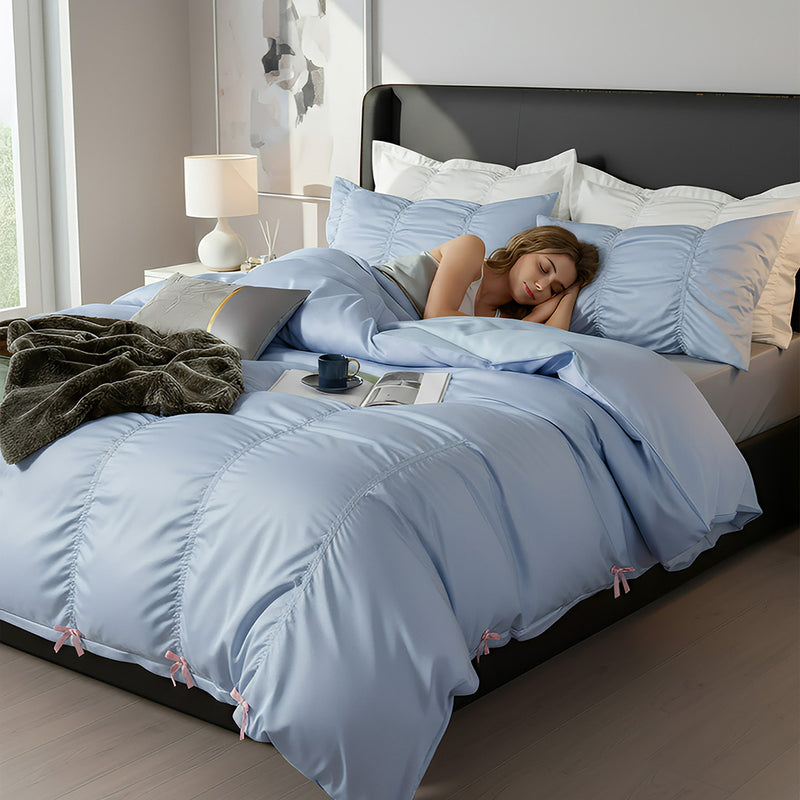 Anycozy Bedding Set Light Blue Ruffle Pleated Duvet Cover Flat Bed Sheet and Pillowcases Bedroom Decor