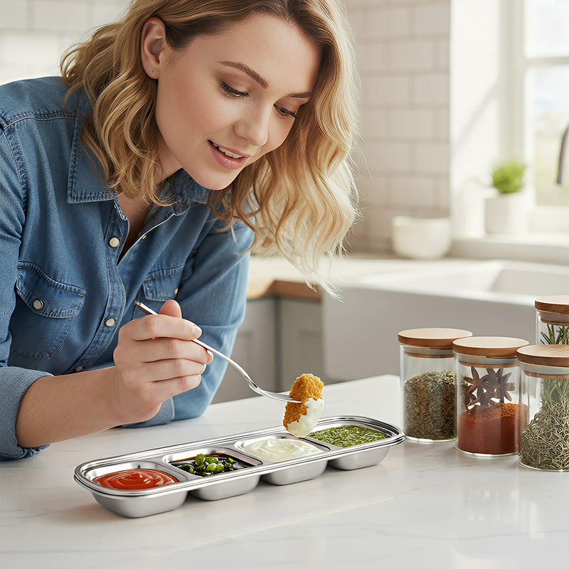 Anygleam Silver Stainless Steel 4-Grid Sauce Dish – Seasoning & Dipping Plates for Kitchenware
