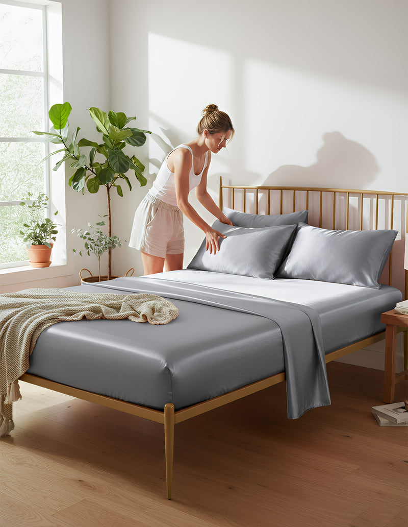 Anycozy Fitted Sheet Full Size Grey Luxury Silky Beddings Set with Pillow Cases