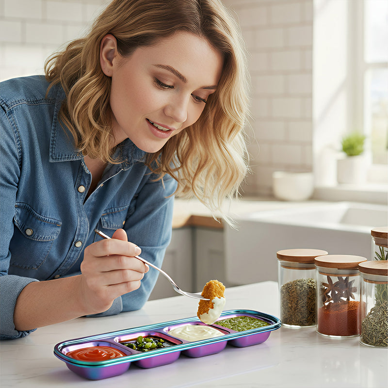Anygleam Pink Rainbow Stainless Steel 4-Grid Sauce Dish – Seasoning & Dipping Plates for Kitchenware