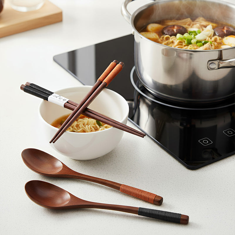 Anygleam Mixed Color 4pcs Wooden Chopsticks and Long Ladle Set Reusable Kitchen Tableware
