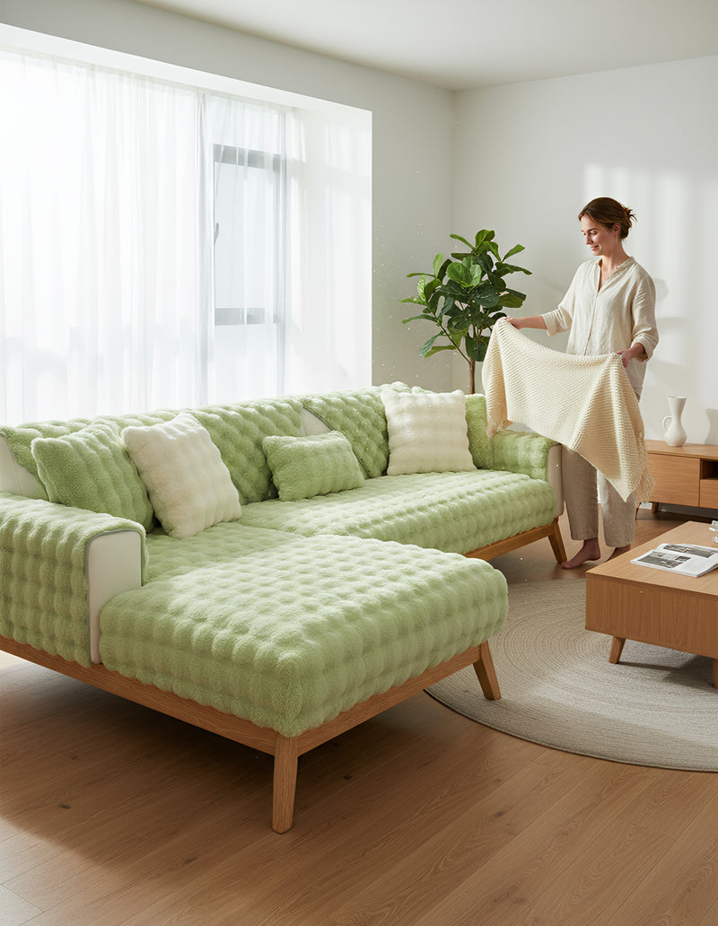 Anyseat Sofa Towel Super Soft Rabbit Plush Light Green Thicken Bubble Velvet Non-slip Sectional Sofa Cover Non-slip L-shaped Couch Cover