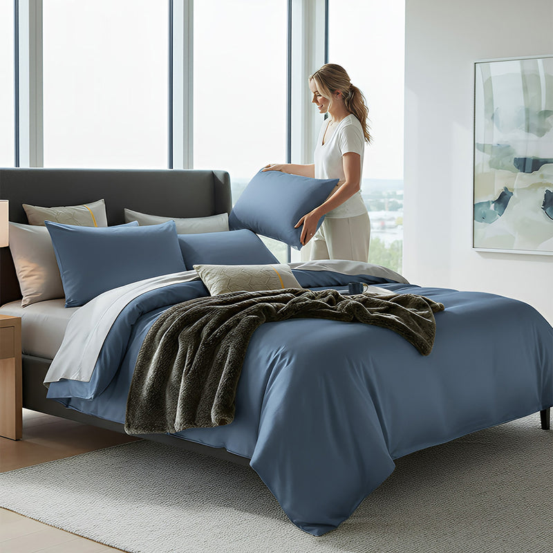 Anycozy Egyptian Cotton Duvet Comforter Set – UK King Size, Blue & Light Grey, Thick 6‑Piece Bedspread