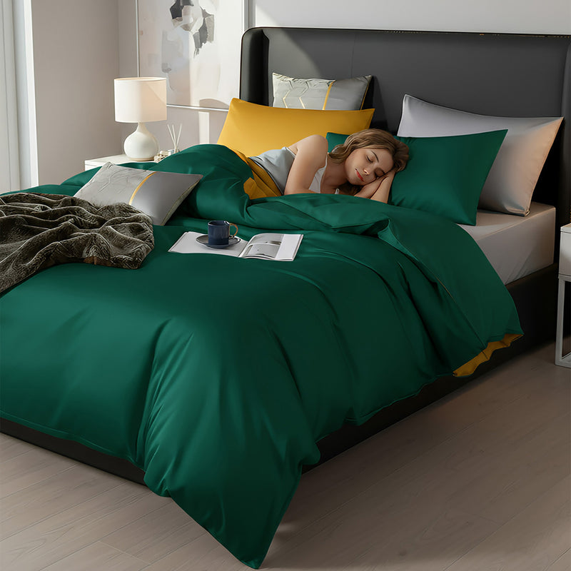Anycozy Duvet Comforter Set Full Deep Green/ Yellow Egyptian Cotton Thick Blanket Bedspread 4 Pcs Bed Set