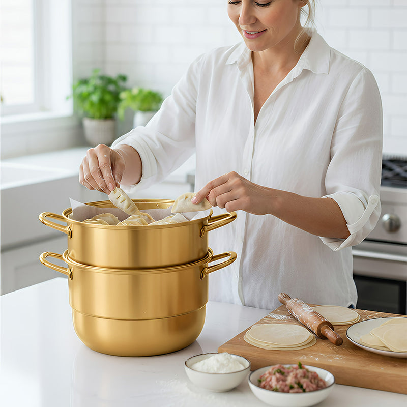 Anygleam Food Steamer Gold Three Layer Thick Stainless Steel Universal Cooking for Induction Cooker Gas Stove Steam Pot