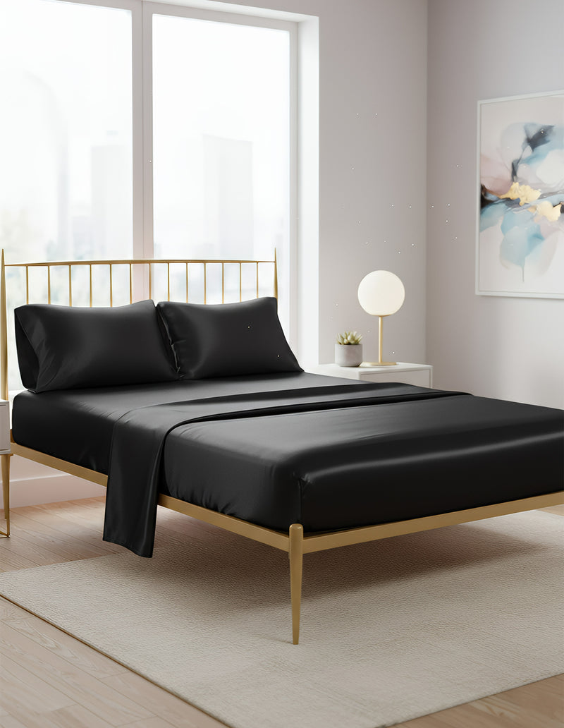 Anycozy Fitted Sheet 180x200cm Black Luxury Silky Beddings Set with Pillow Cases