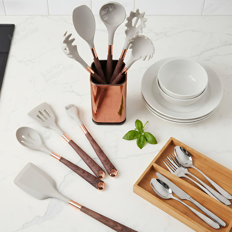 Anygleam Kitchen Utensils Non-stick Brown 10 Set Gold Plated Handle with Support Point Cooking Tool Accessories Heat Resistant Kitchenware