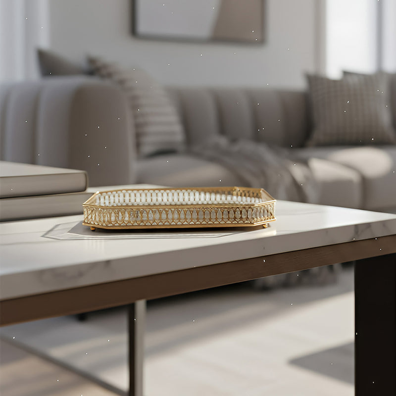 ANYHOUZ  29cm Gold Rectangle Glass Mirror Base Metal Vanity Food Serving Organisr Jewelry Cosmetics Storage Tray with Handle