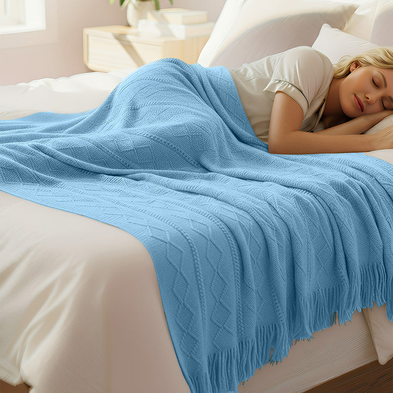 Anycozy Sky Blue Faux Cashmere Throw Blanket Diamond Knit 130x230cm