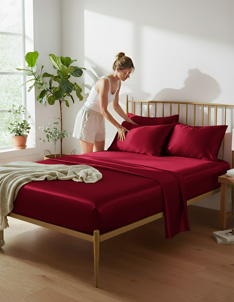 Anycozy Fitted Sheet King Size Winered Luxury Silky Beddings Set with Pillow Cases