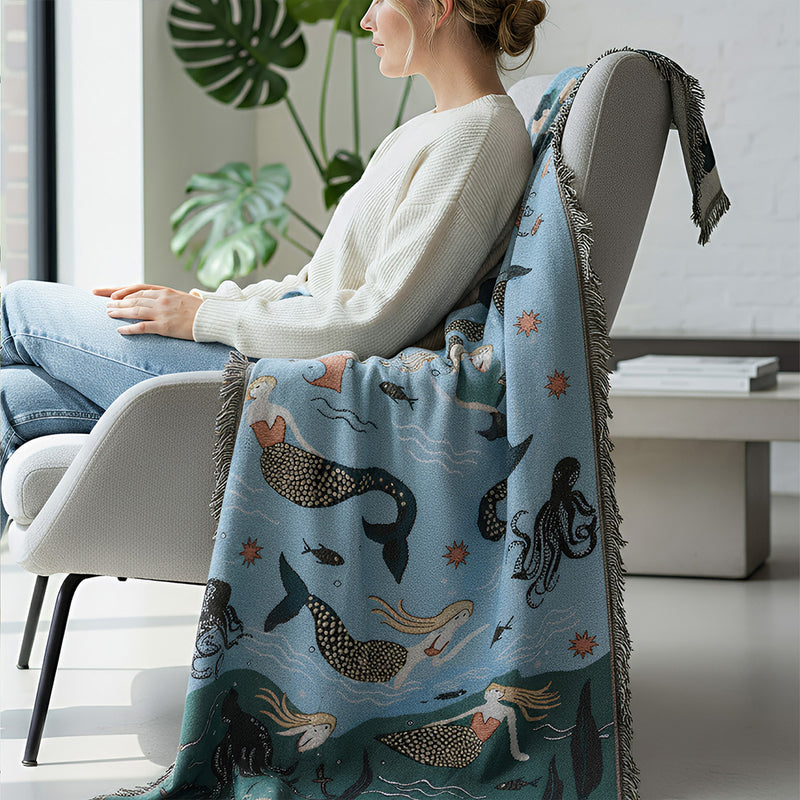 Anycozy Throw Blanket Blue Faux Cashmere Sofa Cover Mermaid Pattern Tassel Soft Picnic Camping Mat130*160cm