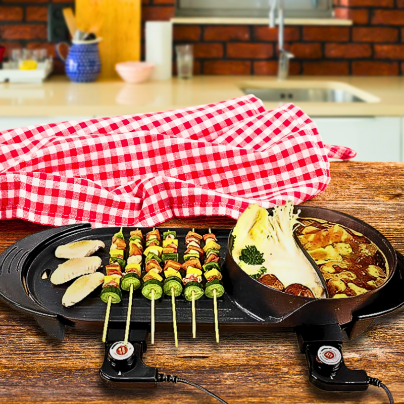 2 in 1 Electric Non-Stick BBQ Teppanyaki Grill Plate Steamboat Dual Sided Hotpot