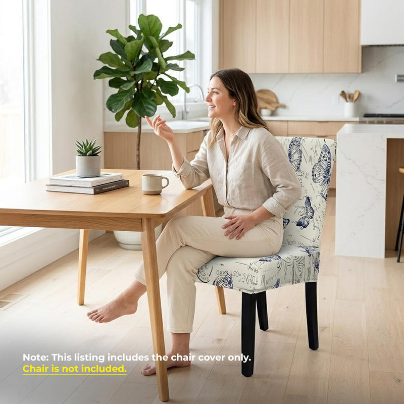 Anyseat White with Blue Butterfly Design Chair Cover – Elastic Slipcover with Anti‑Dirt Protection for Dining Room, Kitchen, Wedding, Hotel, Banquet & Restaurant