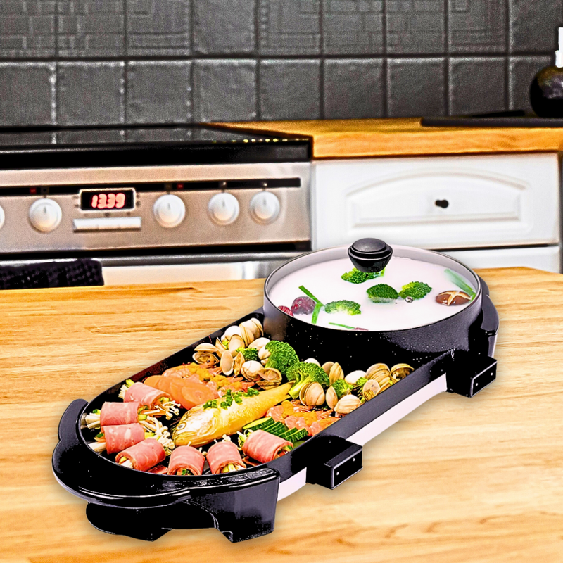 2 in 1 Electric Non-Stick BBQ Teppanyaki Grill Plate Steamboat Hotpot 2-8 Person