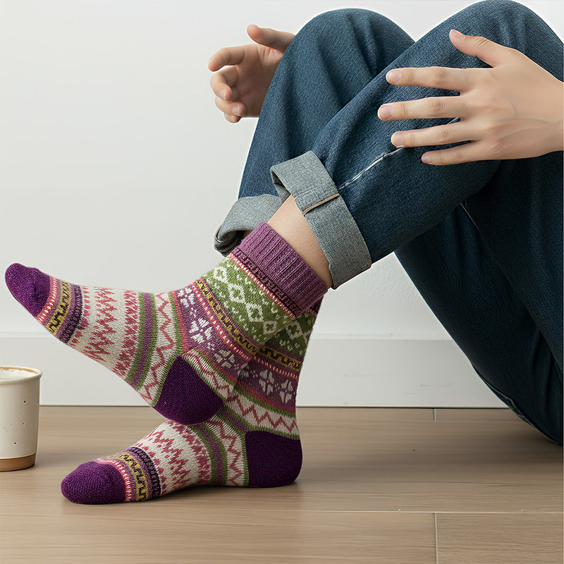 Anyfootwear 5 Pairs Winter Thick Warm Wool Socks – Mix Color Warm & Casual National Wind-Flowers Socks Size 5–9