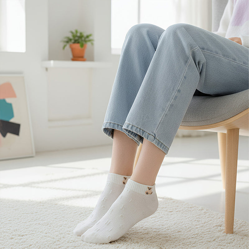 Anyfootwear 5 Pairs One Size 35-40 Women Socks Summer Cute Cartoon Animal Rabbit Bear Cat Ribbon Heart Print White Female Casual Random Socks