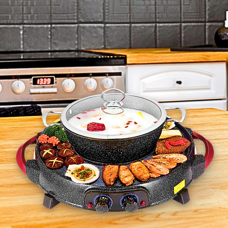 2 in 1 Electric Stone Coated Teppanyaki Grill Plate Steamboat Hotpot