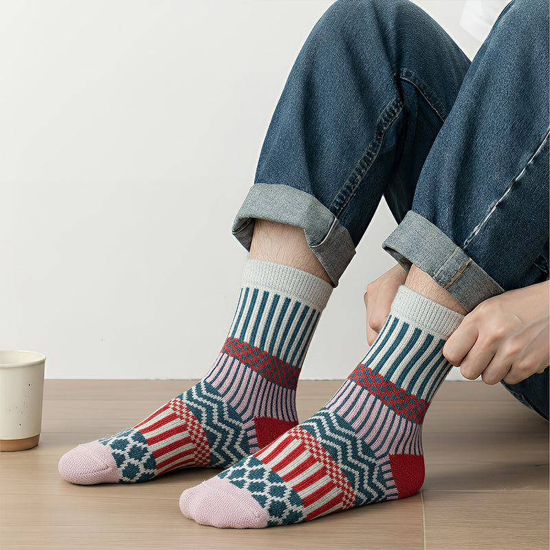 Anyfootwear 5 Pairs One Size 5-9 Multicolor Winter Thick Warm Wool Socks With Colorful Fashionable And Casual Euramerican National Wind-Flowers Sock