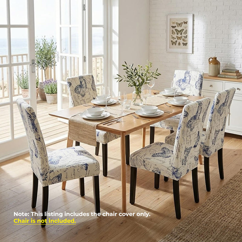 Anyseat White with Blue Butterfly Design Chair Cover – Elastic Slipcover with Anti‑Dirt Protection for Dining Room, Kitchen, Wedding, Hotel, Banquet & Restaurant