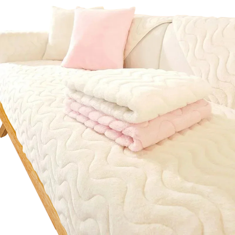 Anyseat Sofa Towel Super Soft Wave Beige Rabbit Plush Quilted Couch Cover L-shaped Sectional Anti-slip Sofa Cover