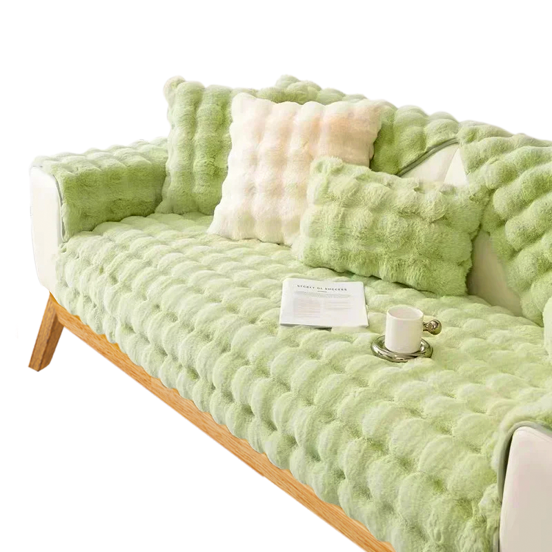 Anyseat Sofa Towel Super Soft Rabbit Plush Light Green Thicken Bubble Velvet Non-slip Sectional Sofa Cover Non-slip L-shaped Couch Cover