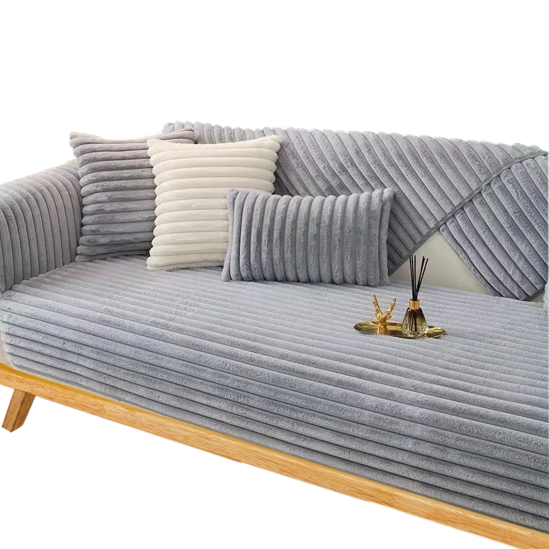 Anyseat Sofa Towel Super Soft Linear Gray Rabbit Plush Quilted Couch Cover L-shaped Sectional Anti-slip Sofa Cover