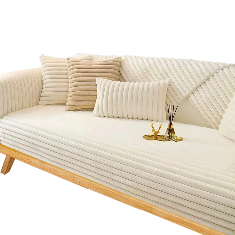 Anyseat Sofa Towel Super Soft Linear Beige Rabbit Plush Quilted Couch Cover L-shaped Sectional Anti-slip Sofa Cover