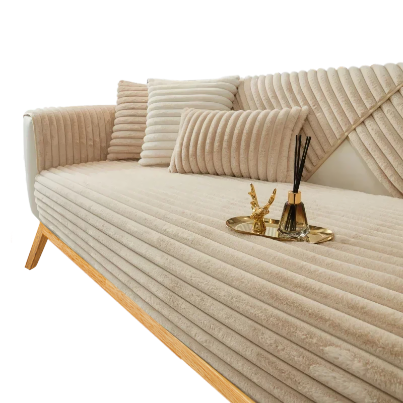 Anyseat Sofa Towel Super Soft Linear Camel Rabbit Plush Quilted Couch Cover L-shaped Sectional Anti-slip Sofa Cover
