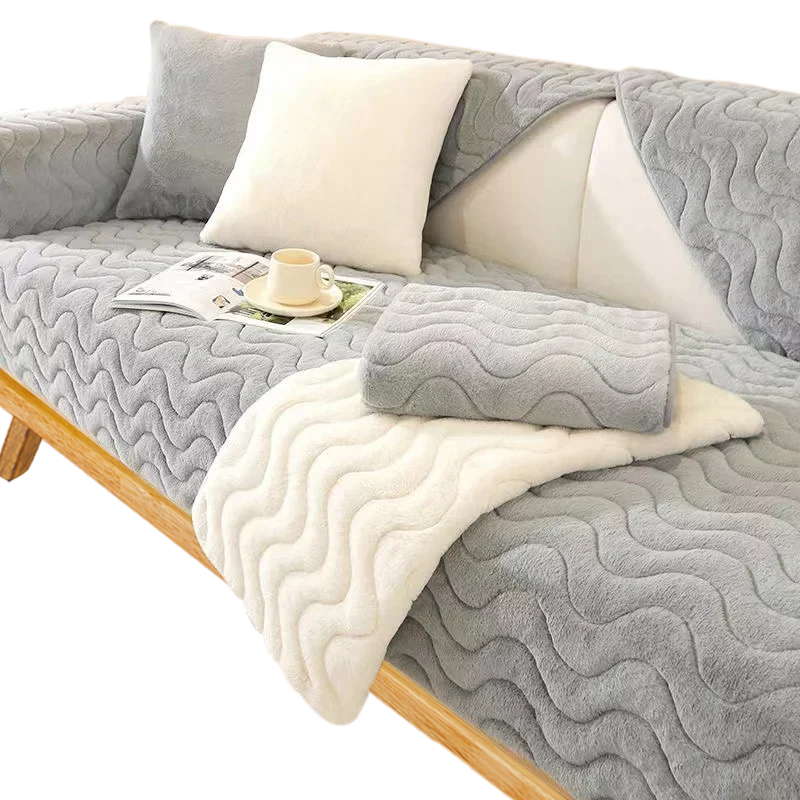 Anyseat Sofa Towel Super Soft Wave Gray Rabbit Plush Quilted Couch Cover L-shaped Sectional Anti-slip Sofa Cover