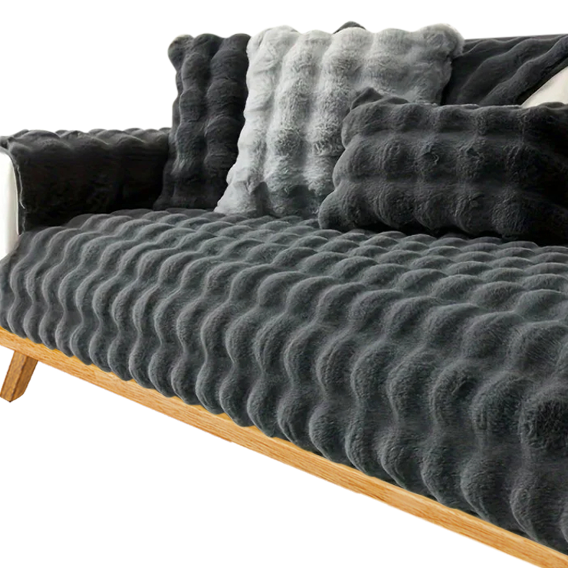 Anyseat Sofa Towel Super Soft Rabbit Plush Dark Gray Thicken Bubble Velvet Non-slip Sectional Sofa Cover Non-slip L-shaped Couch Cover