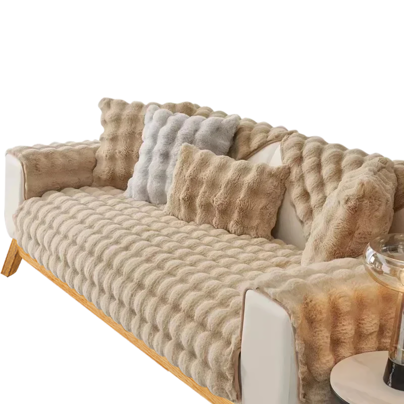 Anyseat Sofa Towel Super Soft Rabbit Plush Light Coffee Thicken Bubble Velvet Non-slip Sectional Sofa Cover Non-slip L-shaped Couch Cover