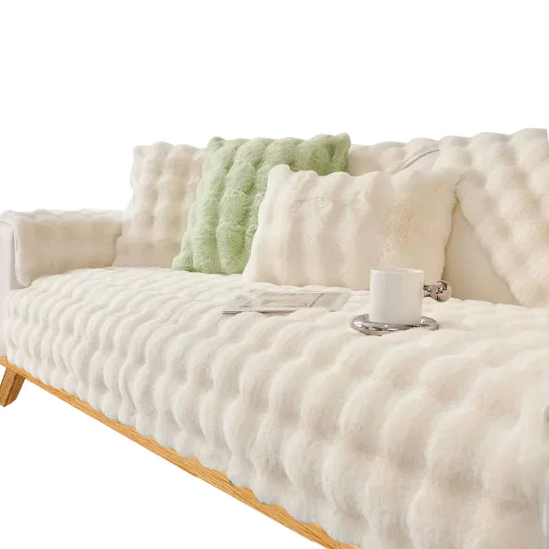 Anyseat Sofa Towel Super Soft Rabbit Plush Beige Thicken Bubble Velvet Non-slip Sectional Sofa Cover Non-slip L-shaped Couch Cover