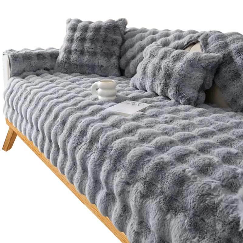 Anyseat Sofa Towel Super Soft Rabbit Plush Gray Thicken Bubble Velvet Non-slip Sectional Sofa Cover Non-slip L-shaped Couch Cover
