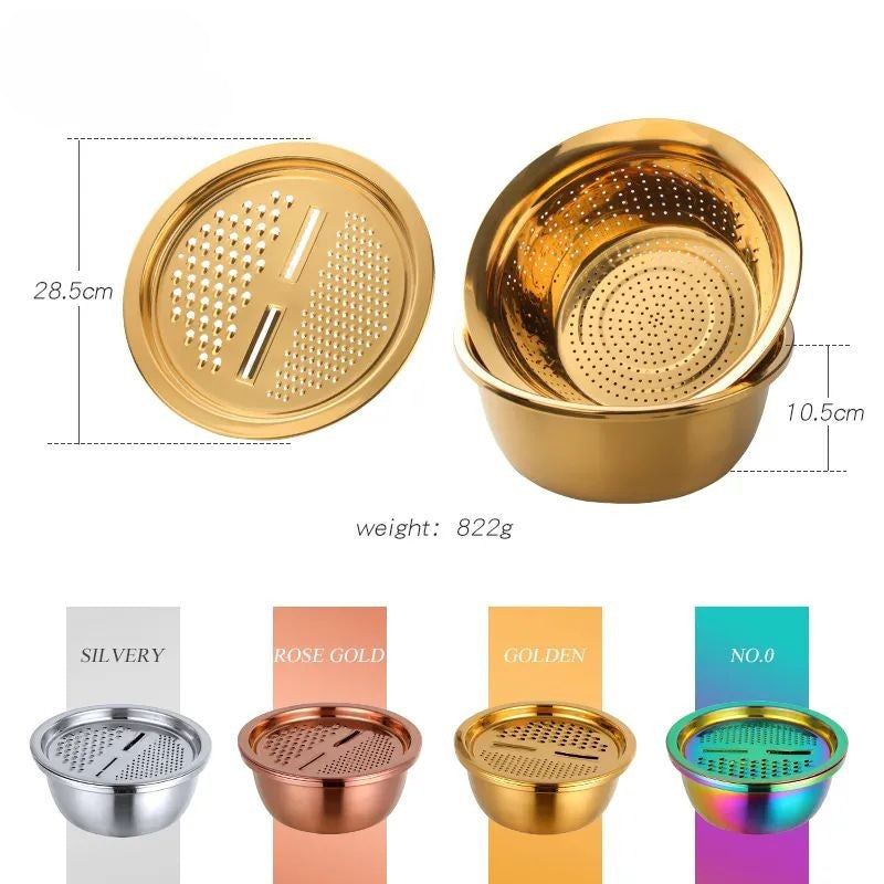 Anygleam Gold Stainless Steel Basket Strainer Bowl with Vegetable Cutter Slicer for Buffet and Restaurant Kitchenware