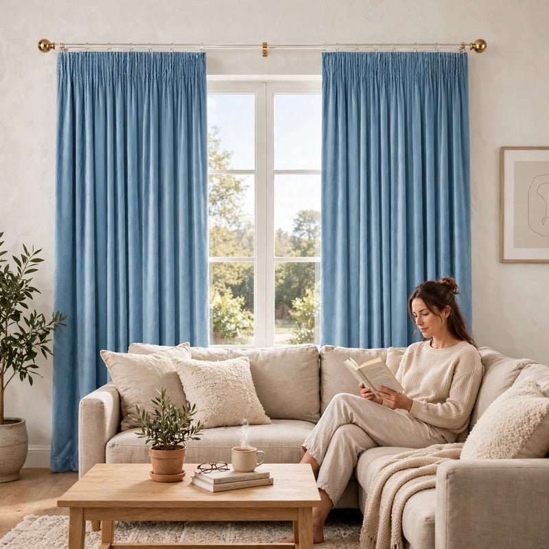 Anydrape Light Blue Velvet Blackout High Quality Modern Drapes for