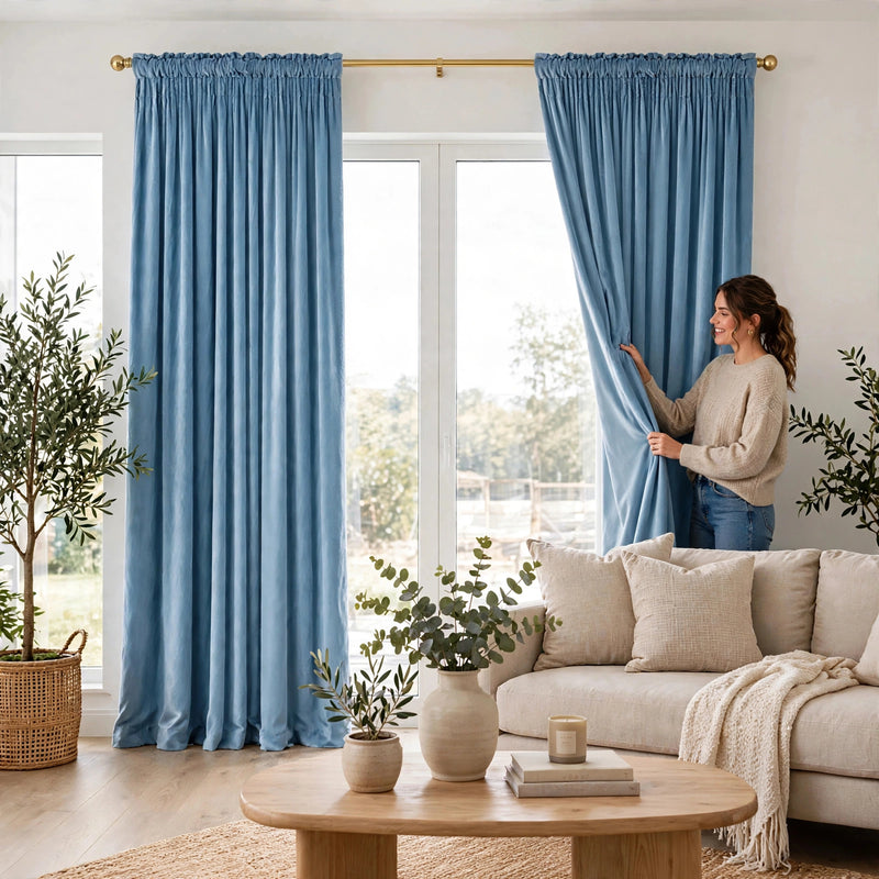 Anydrape Light Blue Velvet Blackout Modern Quality Drapes for Bedroom