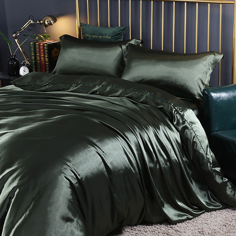 Anycozy Beddings Green US King Size 3 Pcs High End Satin Smooth Duvet Cover Set Luxury Polyester Silky Soft Cozy Bedding Set