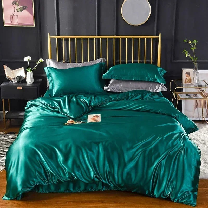 Anycozy Beddings Green US Full Size 3 Pcs High End Satin Smooth Duvet Cover Set Luxury Polyester Silky Soft Cozy Bedding Set